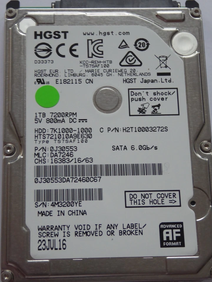 HGST HTS721010A9E630 MLC: DA7246 P/N: 0J30553 - 23JUL16 - 1TB - Bild 1 von 1