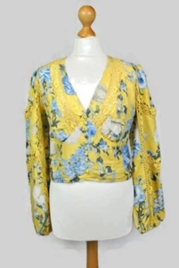 New EX River Island Floral Yellow Linen Blend Lace Trim Cropped Blouse Size 10 - Picture 1 of 13