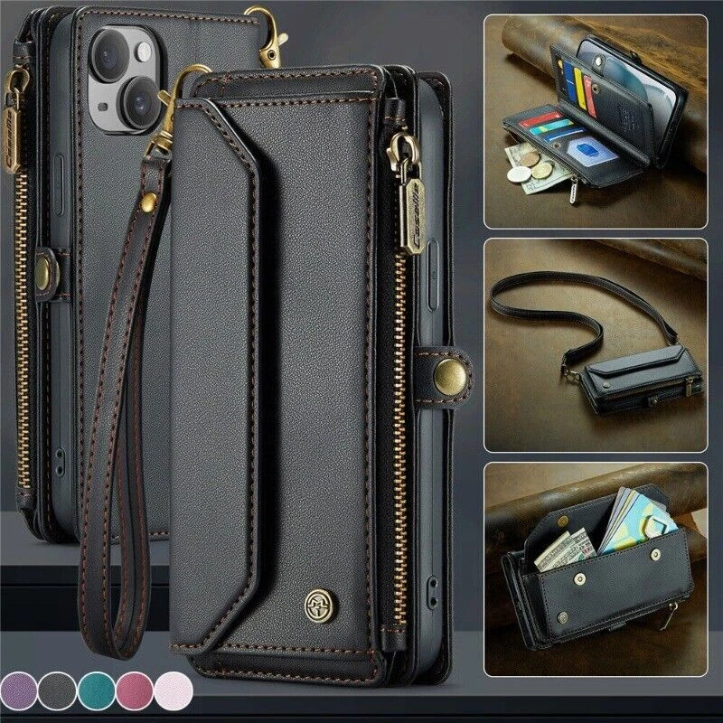 Leather Crossbody Wallet Phone Case For iPhone 16 15 14 13 12 11 Pro Max XR XS - Image 1 of 4