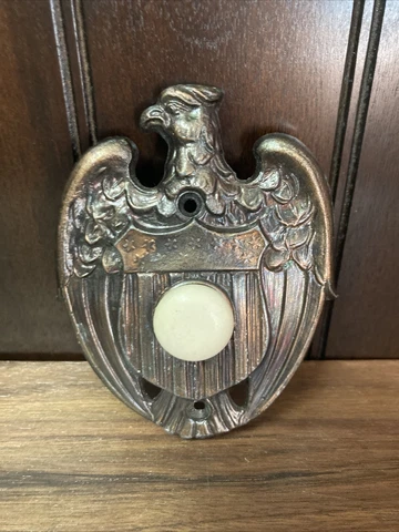 VTG American Art Metal Works SF CA Doorbell Patriotic Shield Eagle Push Button Cover