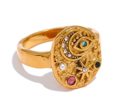 Anel feminino joia fina berloques celestiais olho mau lua estrelas folheado a ouro 14k - Imagem 1 de 4
