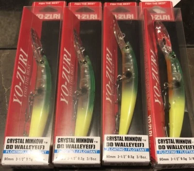 Lote de 4 señuelos flotantes Crankbait Yo Zuri Crystal Minnow DD Walleye 90 mm plátano Foto 1 de 2