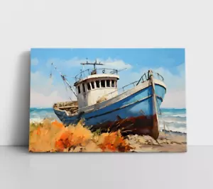 Küste Ozean Wandbild Gemälde Druck, altes Fischerboot, maritime Deko, gerahmt - Bild 1 von 9