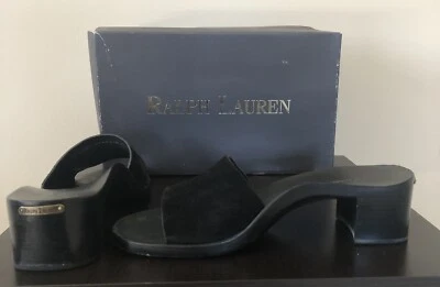 De colección Años 90 Ralph Lauren Gamuza Mujer Toboganes NEGRO Metal Logo Talla 9.5 Tacón Bloque Foto 1 de 4