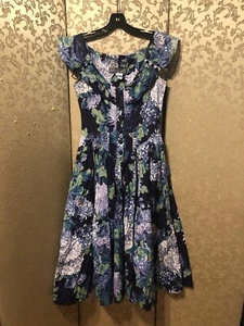 Karen Alexander Vintage blau lila Blumen Tee Kleid Größe 10 fällt kleiner aus 2 4 - Bild 1 von 5