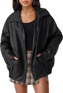 NEW Women's Oversized Leather Jackets REAL Zip Up Fall Fashion Motorcycle - Picture 1 of 6