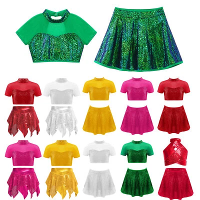 Girls Sequins Short Sleeve Mesh Splice Cutout Back Jazz Latin Ballet Dance Set - Image 1 of 3