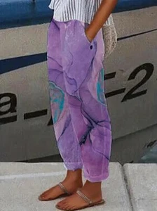 Fashion Women Purple Graphic Print Dual Pockets Loose Pant Casual Comfy Clothing - Picture 1 of 4