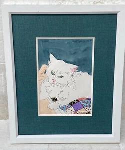 Orig. Watercolor White Cat Green Eyes; on Quilt; LACY Prof. Framed, Signed Dated - Picture 1 of 6