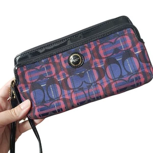 Vintage Coach Signatur Mohnblau Rosa Tartan Karo Logo Kalbsleder Geldbörse Y2K - Bild 1 von 10