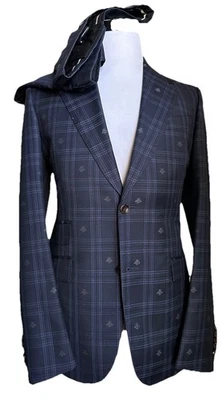 NUEVO CON ETIQUETAS $3900 Traje Gucci Hombres A Cuadros Abeja Azul Patrón A Cuadros Azul Marino 40R US/50R Eu Foto 1 de 4