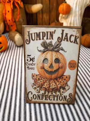 SHABBY VINTAGE STEAMPUNK PRIMITIVE STYLE HALLOWEEN JUMPIN JACK CANDY WOOD SIGN - Image 1 of 4