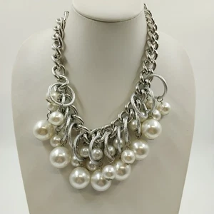Plunder Knot Cord & White Faux Pearl Chunky Beaded Necklace Silver Tone Chain 8" - Picture 1 of 7
