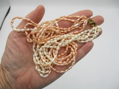 FRESHWATER PEARL NECKLACE with 14K GOLD CLASP ~ 18" ~ 6 STRAND PEACH and WHITE - Image 1 of 4