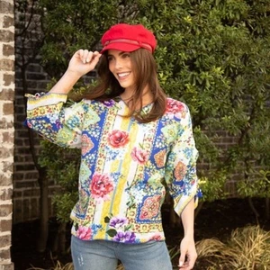 John Mark Womens Top M Woven Floral Print V-Neck 3/4 Cinched Tassel Sleeve NWT - Picture 1 of 15