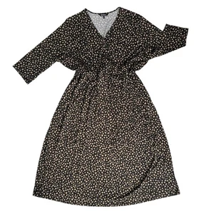 Ulla Popken Midi Dress Women's Plus Sz 28/30 Black Tan Faux Wrap Boho Chic Work - Picture 1 of 13