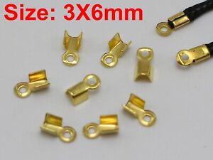 1000 Golden Plated Necklace Cord Crimp End Caps With Loop 3X6mm