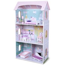 Wooden Dolls House Toy with 8 Play Furniture Accessories and 3 Stories New