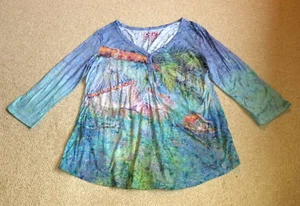 Womens Top-LEOMA LOVEGROVE-blue/green/orange knit "Take Five" Art-to-wear 3/4-L - Picture 1 of 5