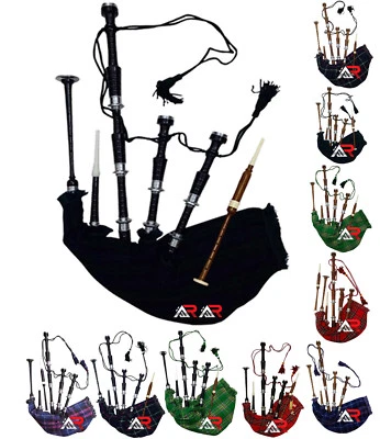 AAR PRODUCTS Great Highland Sheesham wood Bagpipe Full Silver Velvet Bag Cord Soft Case Tutor