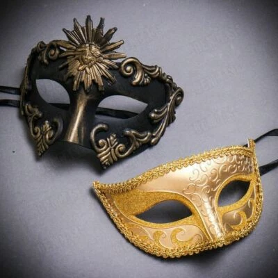 Party Couple Masks Masquerade His & Hers Black Gold Dance Prom Costume Masks - Image 1 of 3