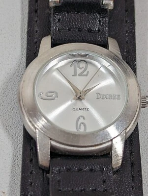Decree Silver Tone Round Case Black Faux Leather Band Watch - Image 1 of 4