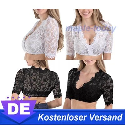 Damen Sexy Spitze Dirndlbluse weiß 3/4 Arm Oktoberfest Trachtenbluse Wrap Crop - Bild 1 von 4