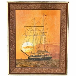 Mid-Century Modern Nautical Sunrise/Sunset Painting in Cork & Wood Frame - Bild 1 von 11