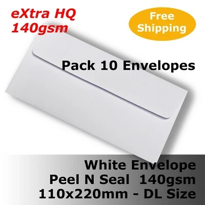 10 Envelopes White eXtra HQ 140gsm Peel N Seal 110x220mm DL Wallet #E23CX  #YDGG - image 1 of 2