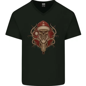 Weihnachten Rentier Santa Schädel Gothic Herren V-Ausschnitt Baumwolle Maglietta - Zdjęcie 1 z 3