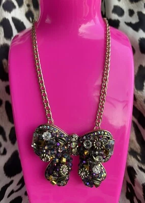 Betsey Johnson Bronze Woven Puff Bow Flower Leaf Glass Cluster Autumn Necklace - Image 1 of 4