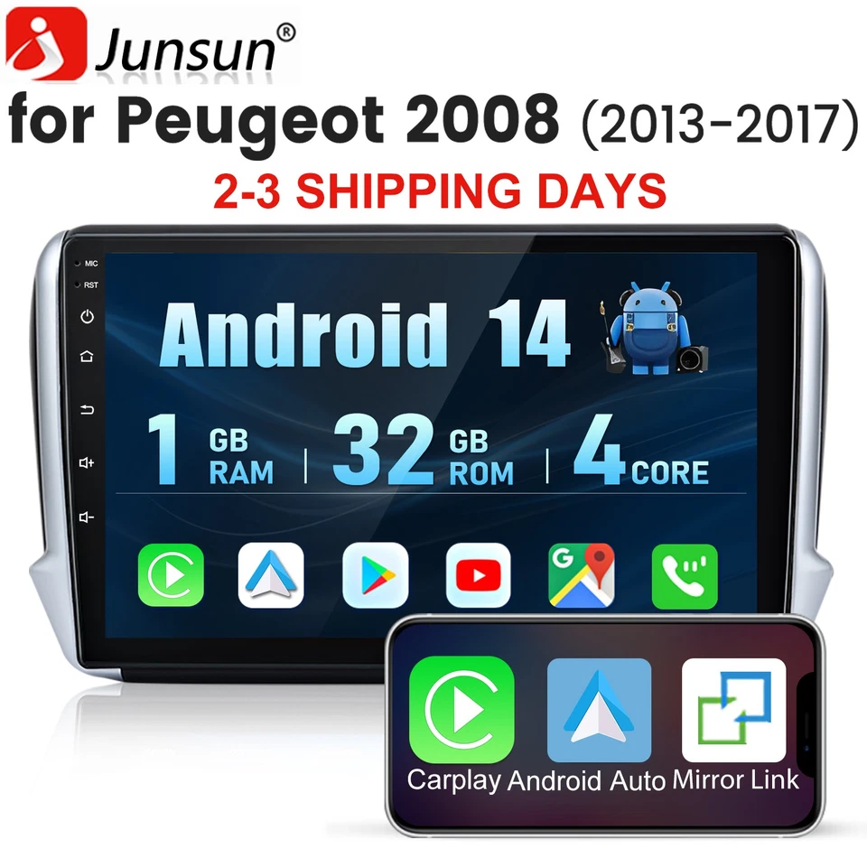 JUNSUN Car Stereo Radio For Peugeot 208/2008 2012-2018 Android 14 CarPlay GPS WIFI DAB+