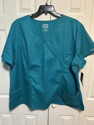 Cherokee Workwear Core Stretch Revolution Mock Wrap Scrub Top, Teal, NWT, 3XL - Image 1 of 4