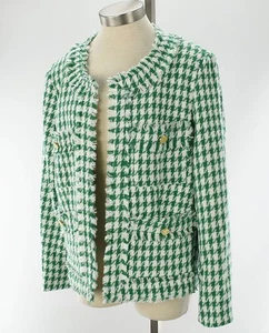 NANETTE LEPORE Kelly Green White HOUNDSTOOTH Frayed Tweed Jacket XL NWT - Picture 1 of 3