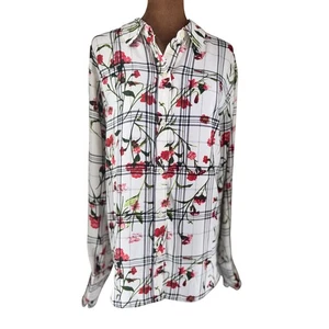 Rachel Roy Collection elfenbeinfarbene karierte geblümte Button-Down-Bluse 18W Langarm neu mit Etikett - Bild 1 von 11
