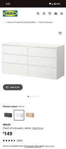 IKEA Malm Chest of 6 Drawers, White, 160x78 Cm - Picture 1 of 4