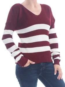 SAY WHAT? Womens Maroon Striped Long Sleeve V Neck Sweater S - Picture 1 of 6