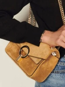 Sandro YZA SS21 Leather Suede Camel Tan Brown Gold Chain Shoulder Bag Funk - Picture 1 of 22