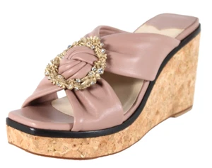 JIMMY CHOO $795 Nude Leather Crystal Buckle NEVARA 90 Cork Wedges Sandals 37.5 - Picture 1 of 14