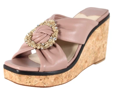 Sandalias JIMMY CHOO $795 Cuero Desnudo Hebilla Cristal NEVARA 90 Cuñas Corcho 37.5 Foto 1 de 4