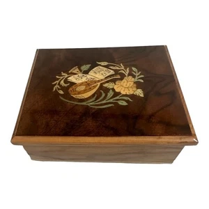 Vintage Art Decor Music Box Inlaid Wood made in Italy Wind Up Floral Lute Horn - Picture 1 of 10
