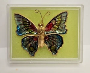 Broche prendedor MARIPOSA VINTAGE multicolor brillo esmalte latón tono dorado años 70 orig. Caja - Imagen 1 de 2