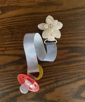 Baby’s Blue & White Flower Pacifier holder clip strap,binky,paci leash-Handmade - Image 1 of 3