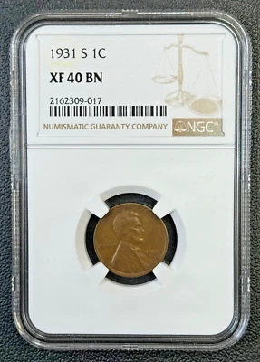 1931 S Wheat Cent in NGC XF 40 Brown,Semi-Key Date, Low Mintage Coin - Image 1 of 4