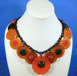 1940's Upcycled Bakelite Flower Button Poker Chip Necklace Orange Green Caramel - Picture 1 of 10