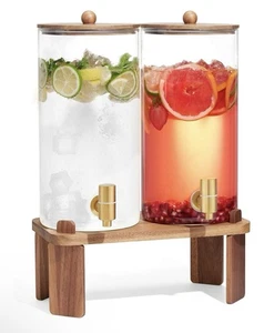 2 Glass Drink Dispensers 1.5 Gallon w/ Wood Stand & Spigot Party Beverage Set - Picture 1 of 6