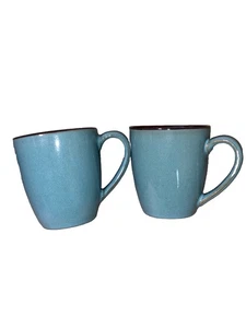 Set Of 2 Pier 1 Teal Reactive Peacock Stoneware Mugs Cups 4” Tall - Picture 1 of 11