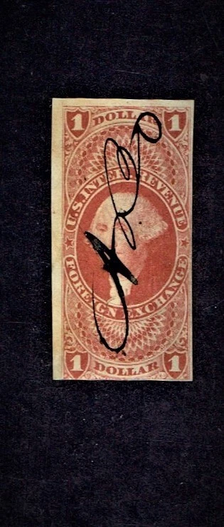 1862-71 Revenue 1st Issue Washington $1 FOREIGN EXCH IMPERF Sc#R68a Fabulous Pen - Image 1 of 1