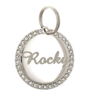 Custom Engraved Personalized Round Stainless Steel Rhinestones Pet Dog ID Tag - Image 1 of 3