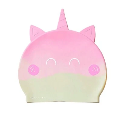 SUNNYLIFE Badekappe Bademütze Einhorn mit 3D Ohren und Horn Silikon 3-9 Jahre